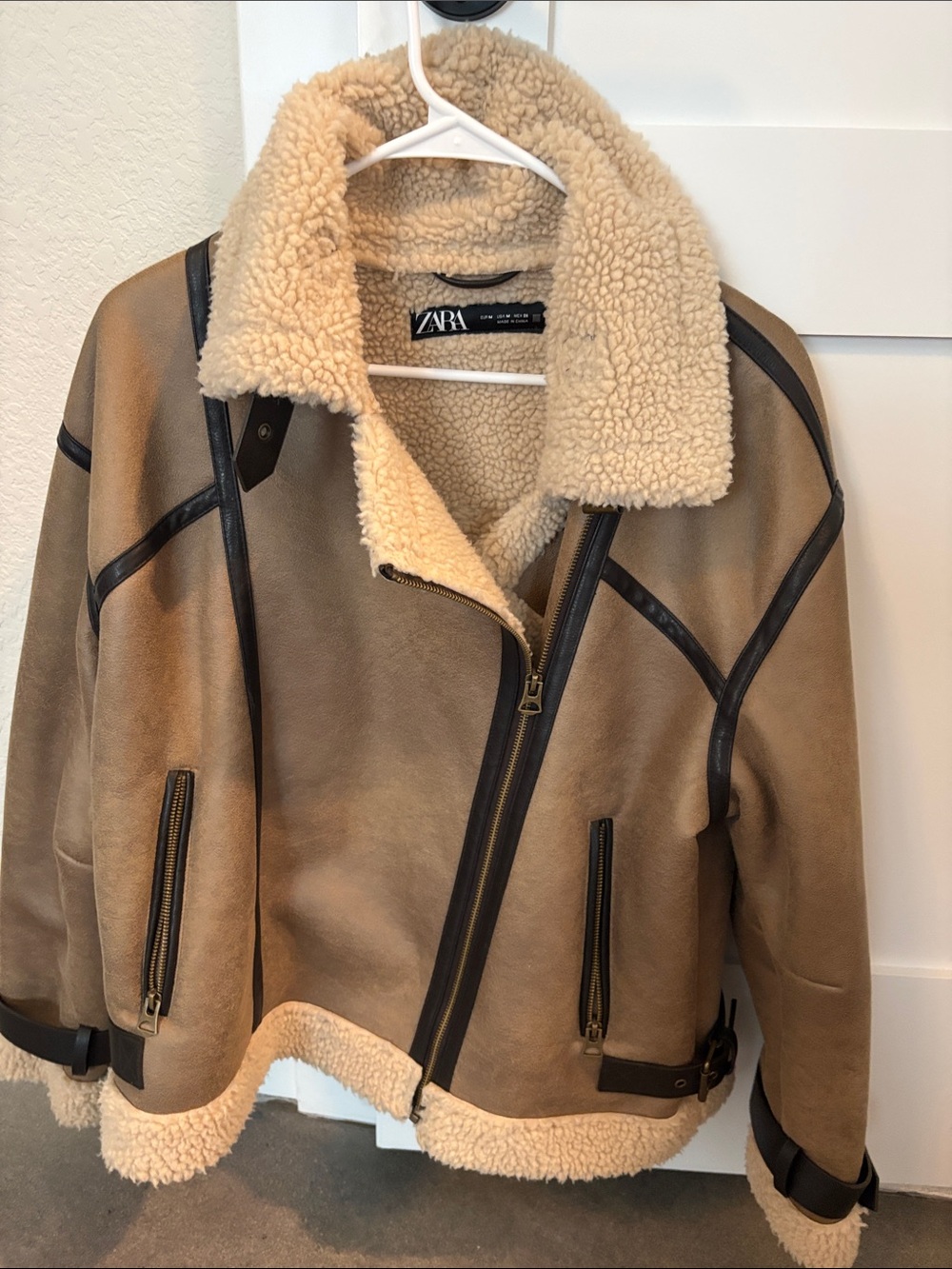 Zara Tan and Cream Faux Sherpa Moto Coat
